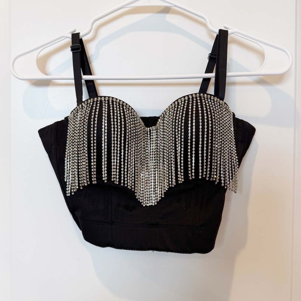 Y2K Rhinestone Fringe Boned Corset XS Glam Club Going Out Party McBling Baddie